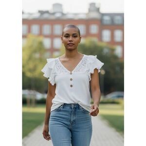 White Lace Ruffle Button-Front Top NEW NWT